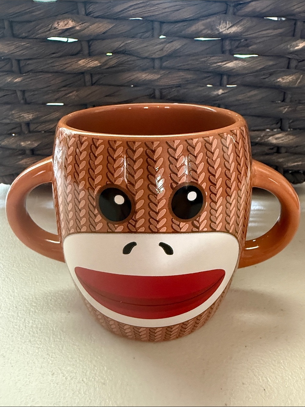 Brown Sock Monkey Double-Handled Ceramic Mug by Galerie